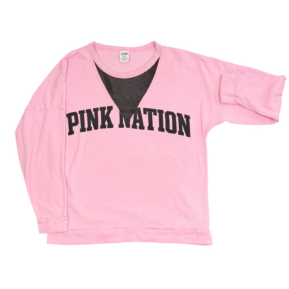 PINK Victoria's Secret Sweatshirt Womens L Pink Mesh V-Neck Nation Pullover
